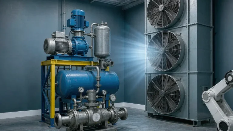 HVAC cooling towers and air conditioning equipment on commercial rooftop
